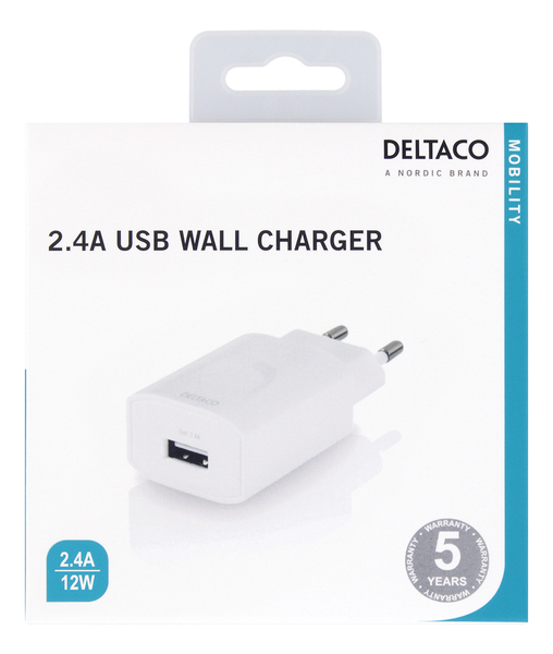 DELTACO V&auml;ggladdare, 100-240V, 5V 2,4A, 1xUSB-A, retail f&ouml;rpack, vit