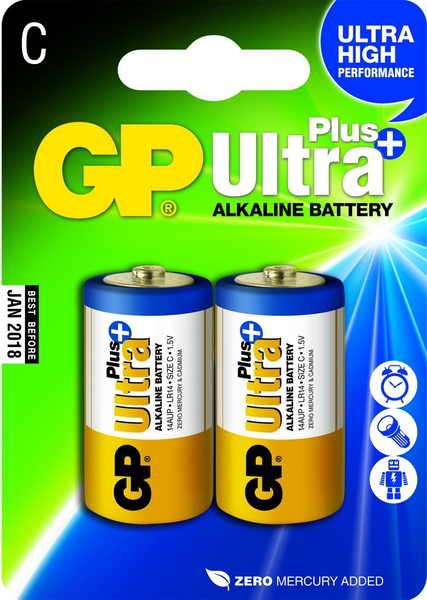GP Ultra Plus Battery, Size C, LR14, 1.5V, 2-pack