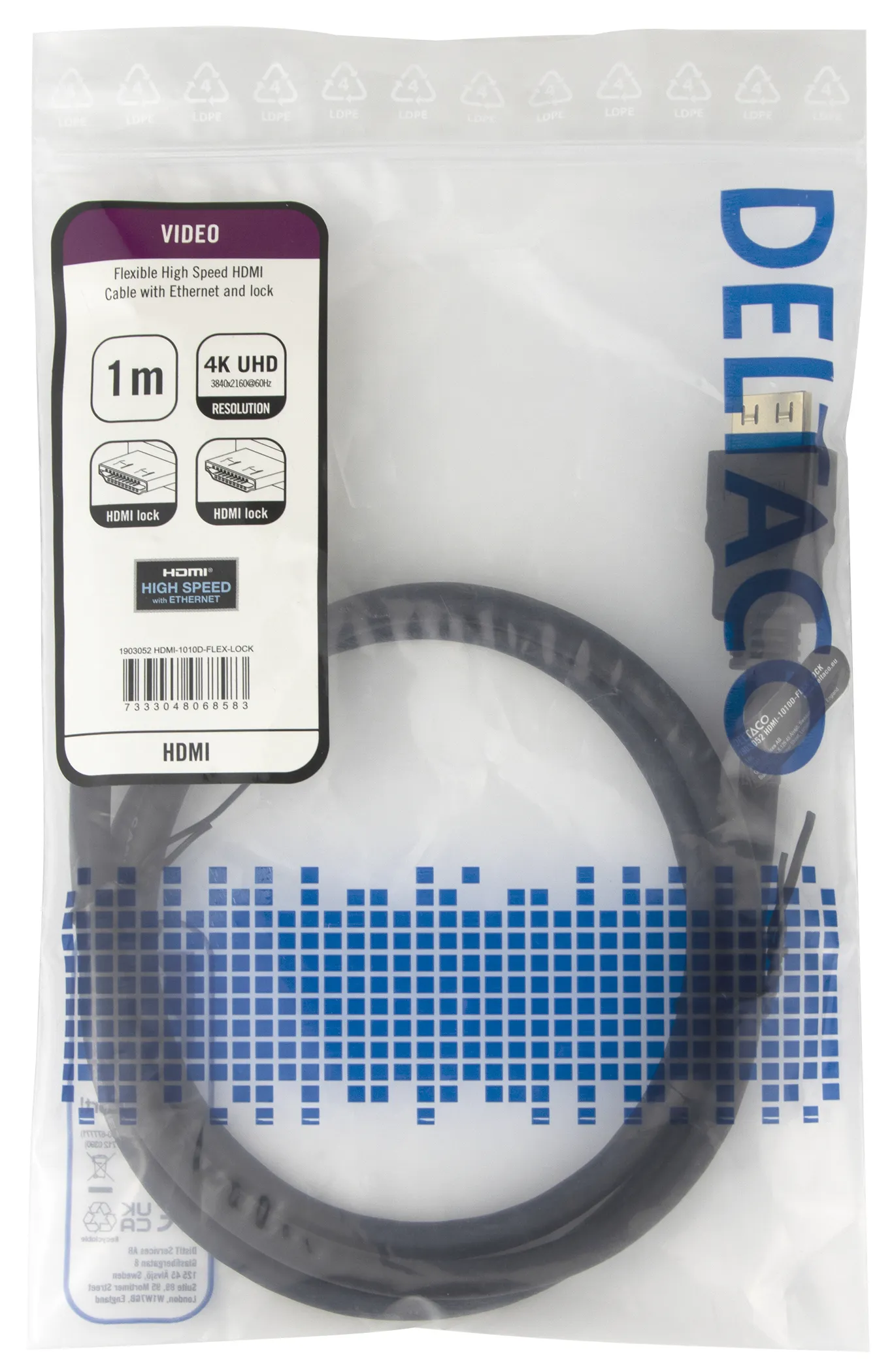 DELTACO High-Speed Flex HDMI cable, 1M, w/lock, 4K UHD, black