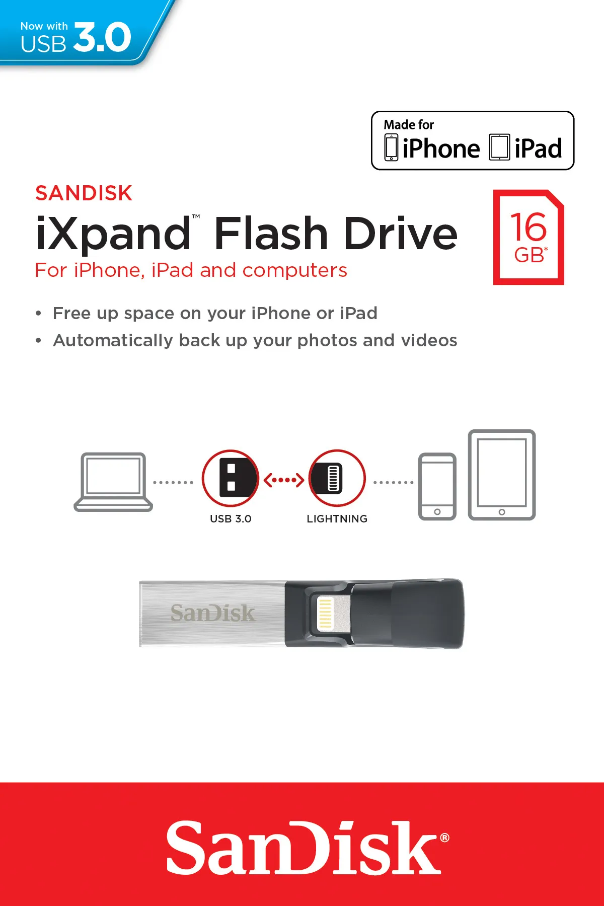 SanDisk 16 Gt iXpand Lightning - USB 3.0 -muistitikku, Musta/Hopea