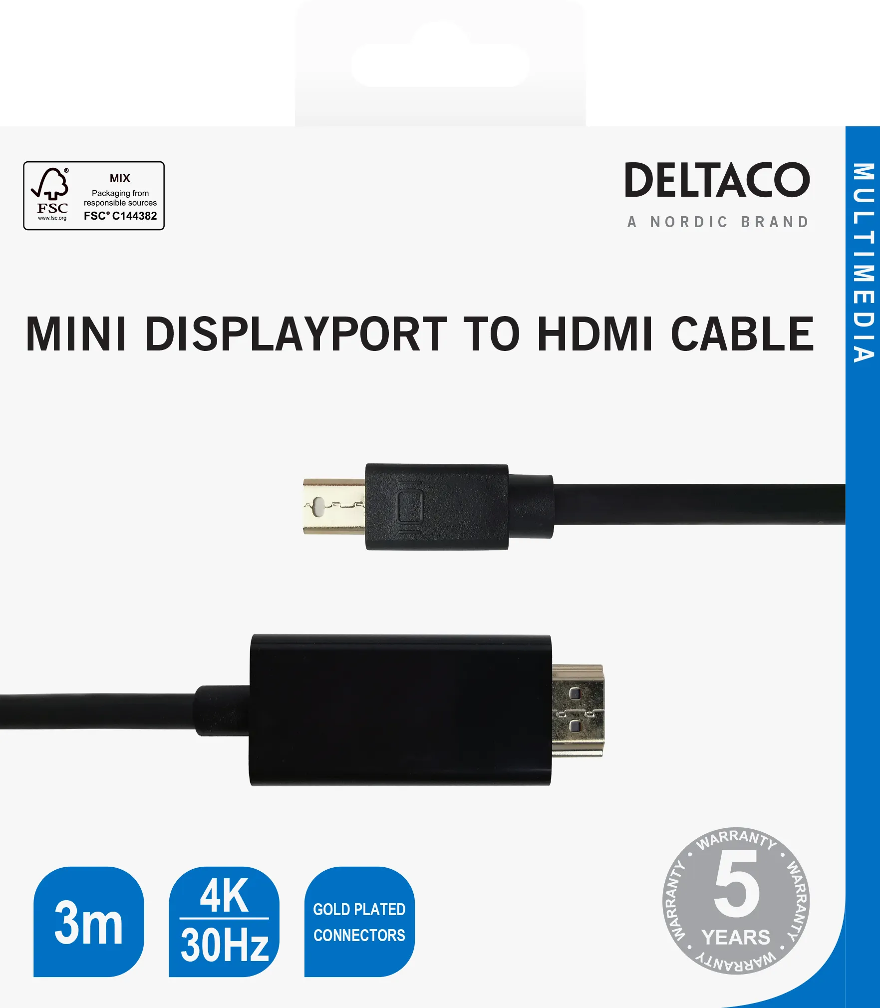 Deltaco Mini DisplayPort &ndash; HDMI -kaapeli, jossa 4K, 3 m, musta