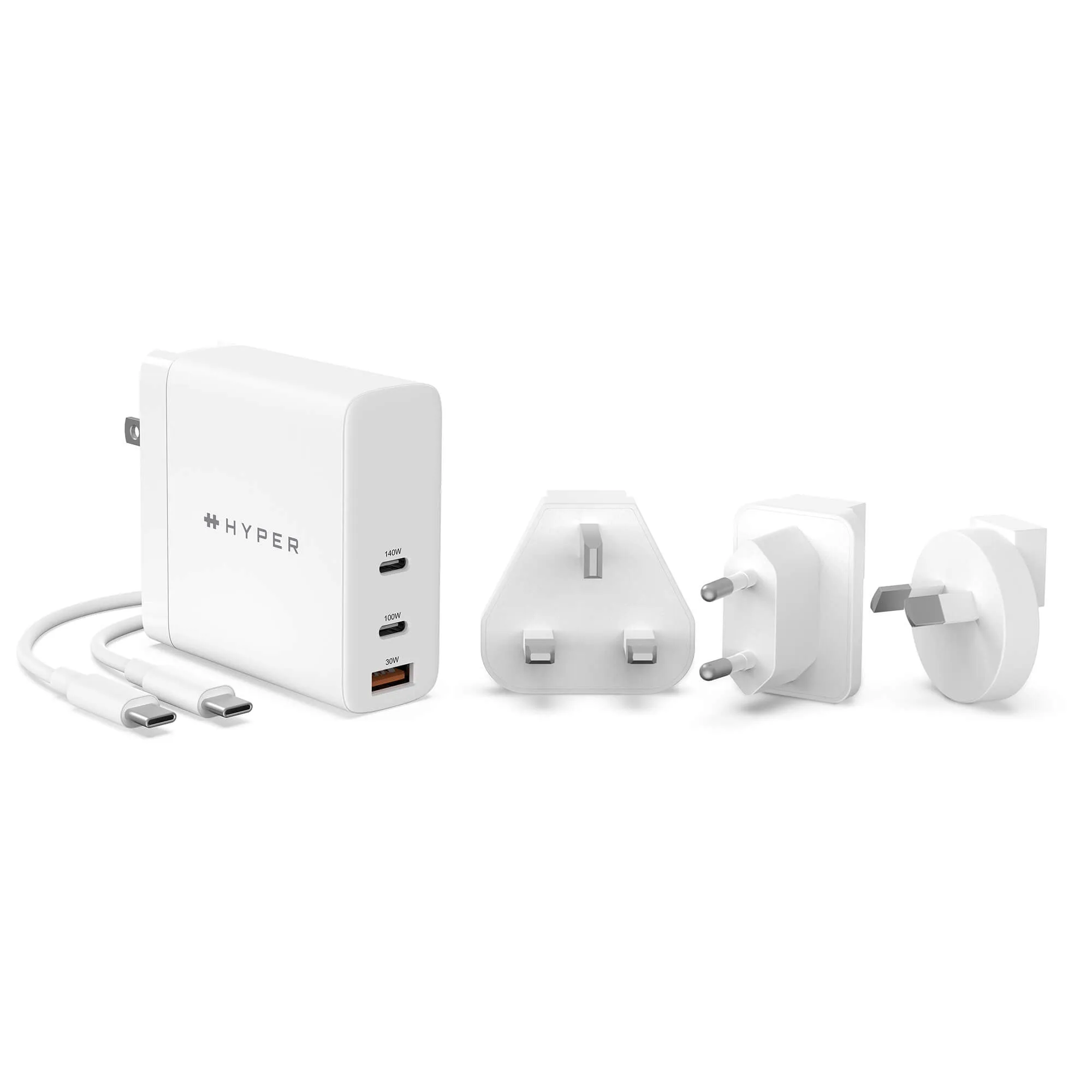 HyperJuice - Verkkosovitin - GaN-tekniikka - 140 watti(a) - QC 3.0, Power Delivery 3.1 - 3 l&auml;ht&ouml;liittimet (USB, 2 USB-C:t&auml;) - valkoinen