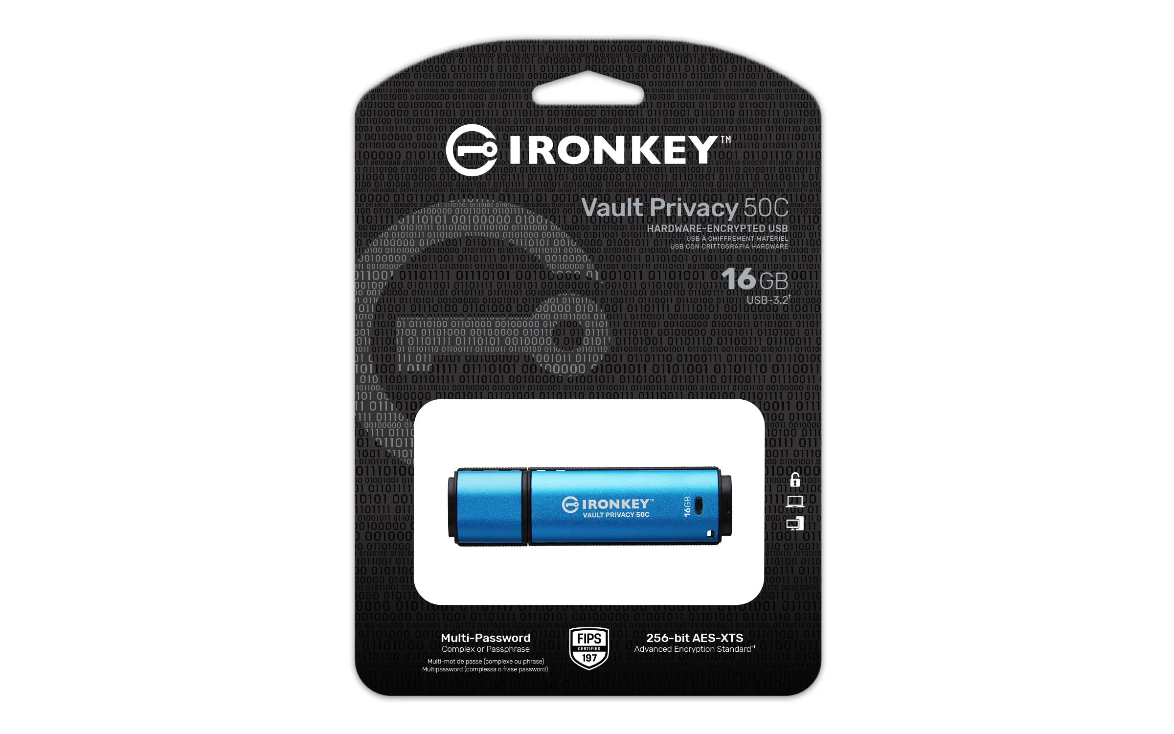 Kingston IronKey Vault Privacy 50C 16GB USB-C 3.2 Gen 1x1 - memory stick, Black, Blue