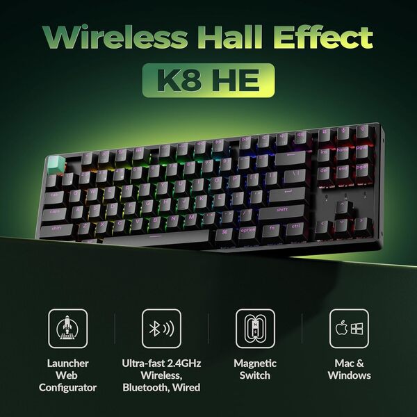 Keychron K8 HE 80% tr&aring;dl&ouml;st mekaniskt speltangentbord, Gateron Double-rail Magnetic, svart