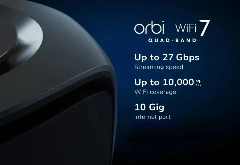 Netgear Orbi 970 Series -mesh WiFi -j&auml;rjestelm&auml;, Wi-Fi 7, BE27000, Quad-band, 3 kpl, 10G WAN -portilla, musta