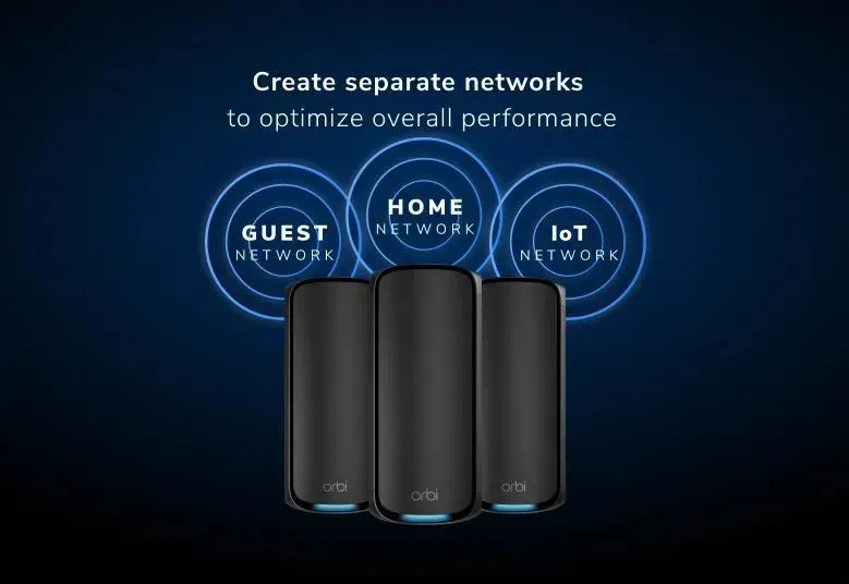 Netgear Orbi 970 Series -mesh WiFi -j&auml;rjestelm&auml;, Wi-Fi 7, BE27000, Quad-band, 3 kpl, 10G WAN -portilla, musta