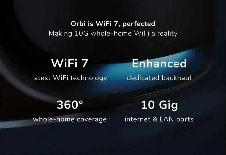 Netgear Orbi 970 Series -mesh WiFi -j&auml;rjestelm&auml;, Wi-Fi 7, BE27000, Quad-band, 3 kpl, 10G WAN -portilla, musta