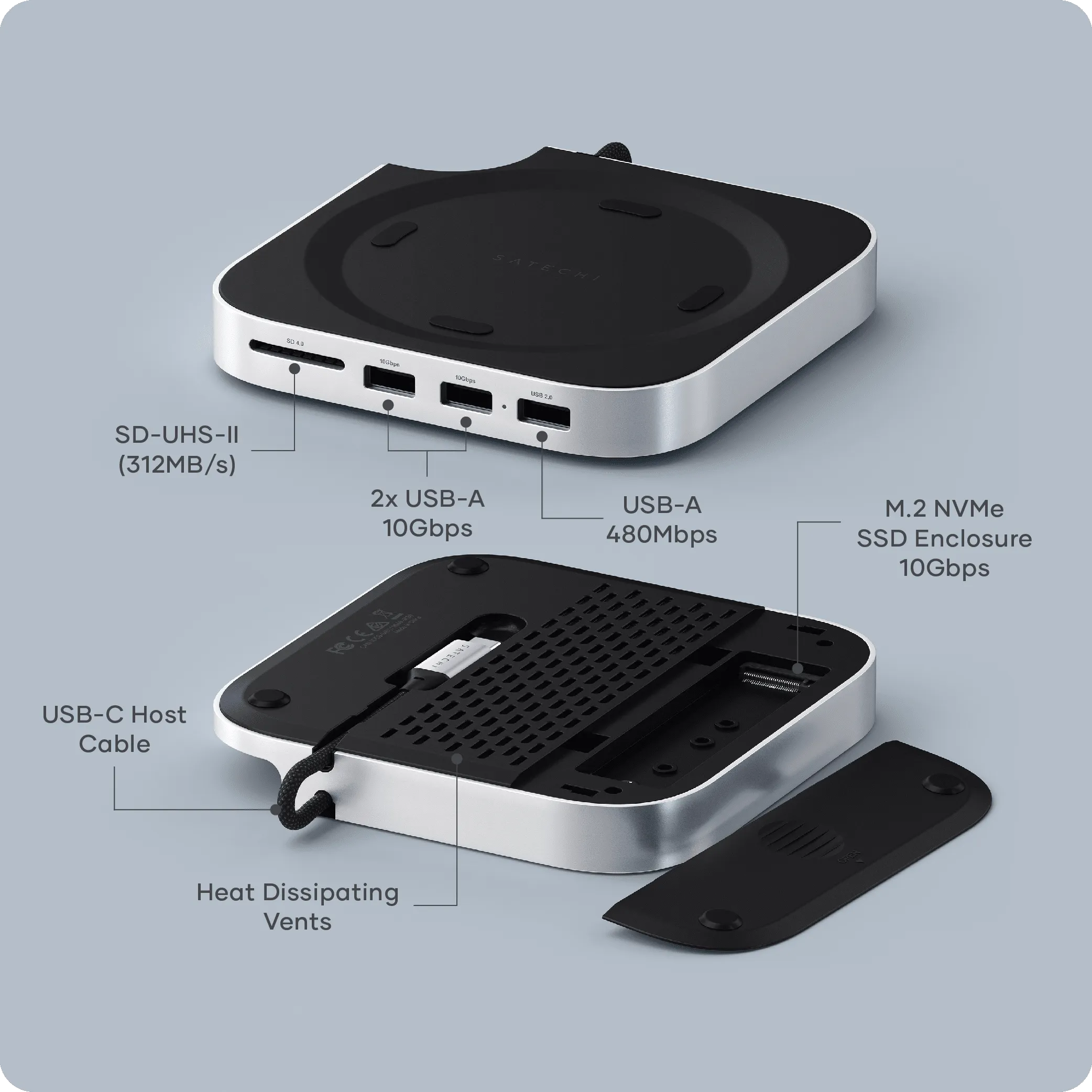 Satechi Mac Mini M4 Stand & Hub med M.2 NVMe SSD-plats