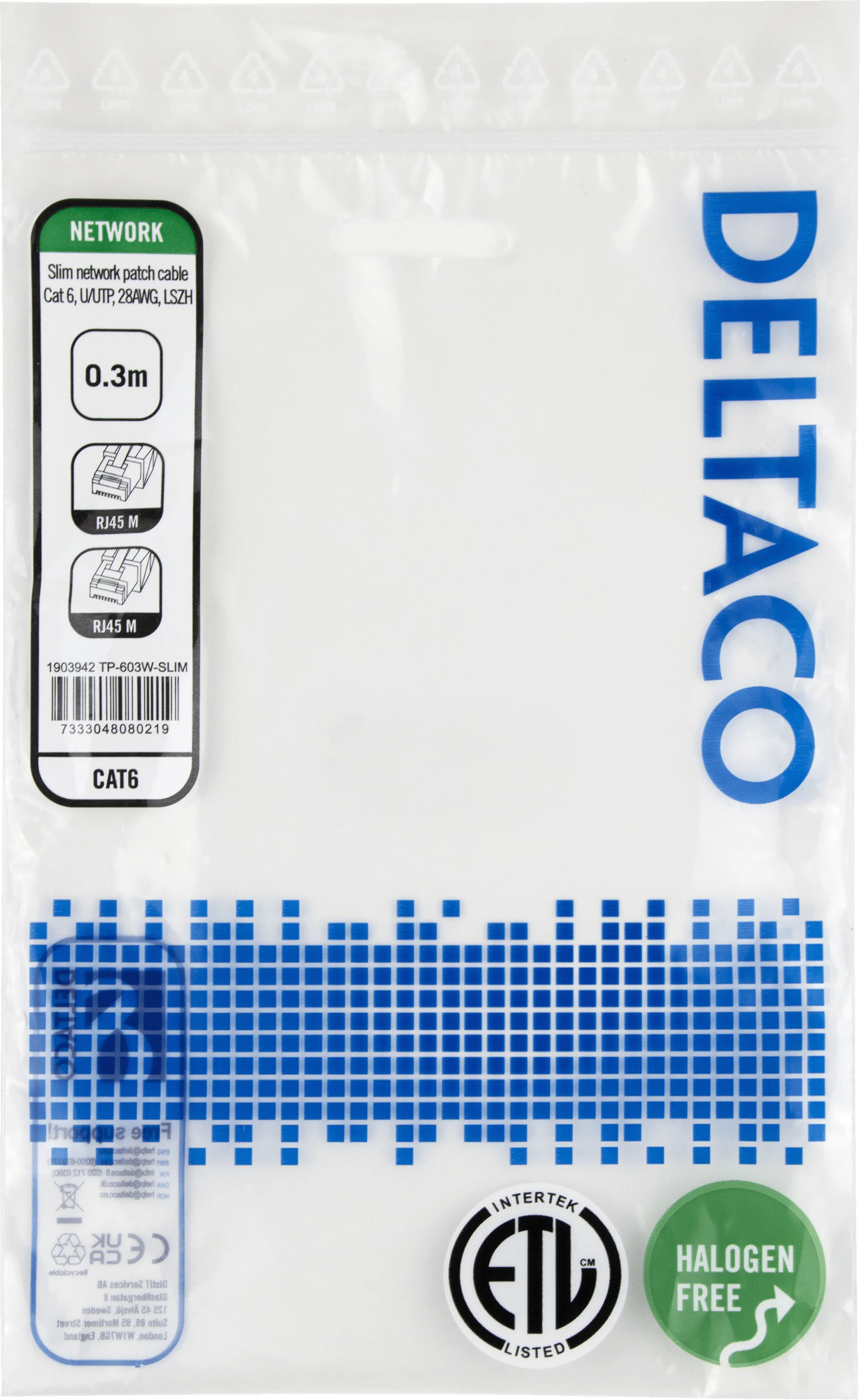 Deltaco Cat6 UTP RJ45 0.3m Network Cable, White