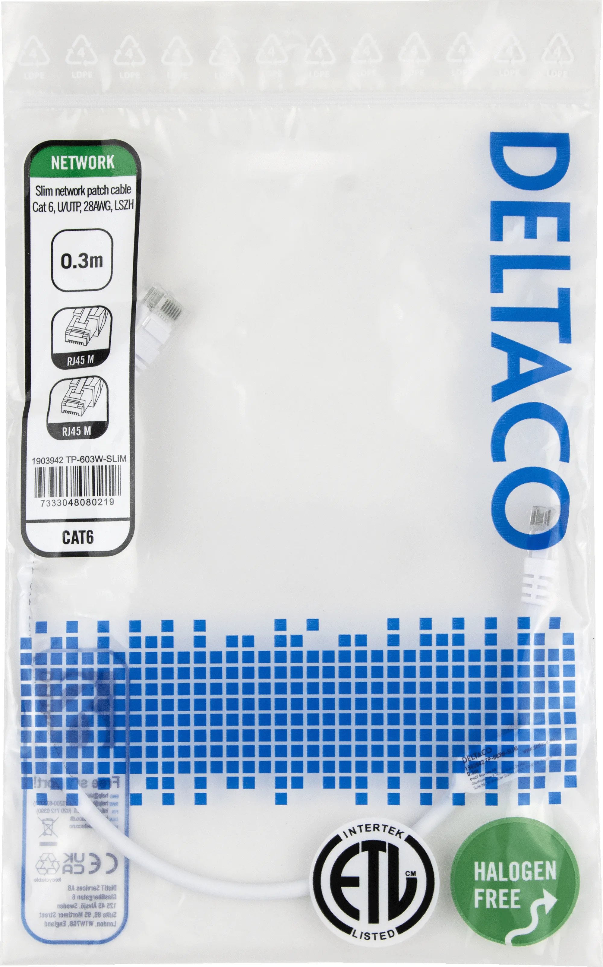 Deltaco Cat6 UTP RJ45 0.3m Network Cable, White