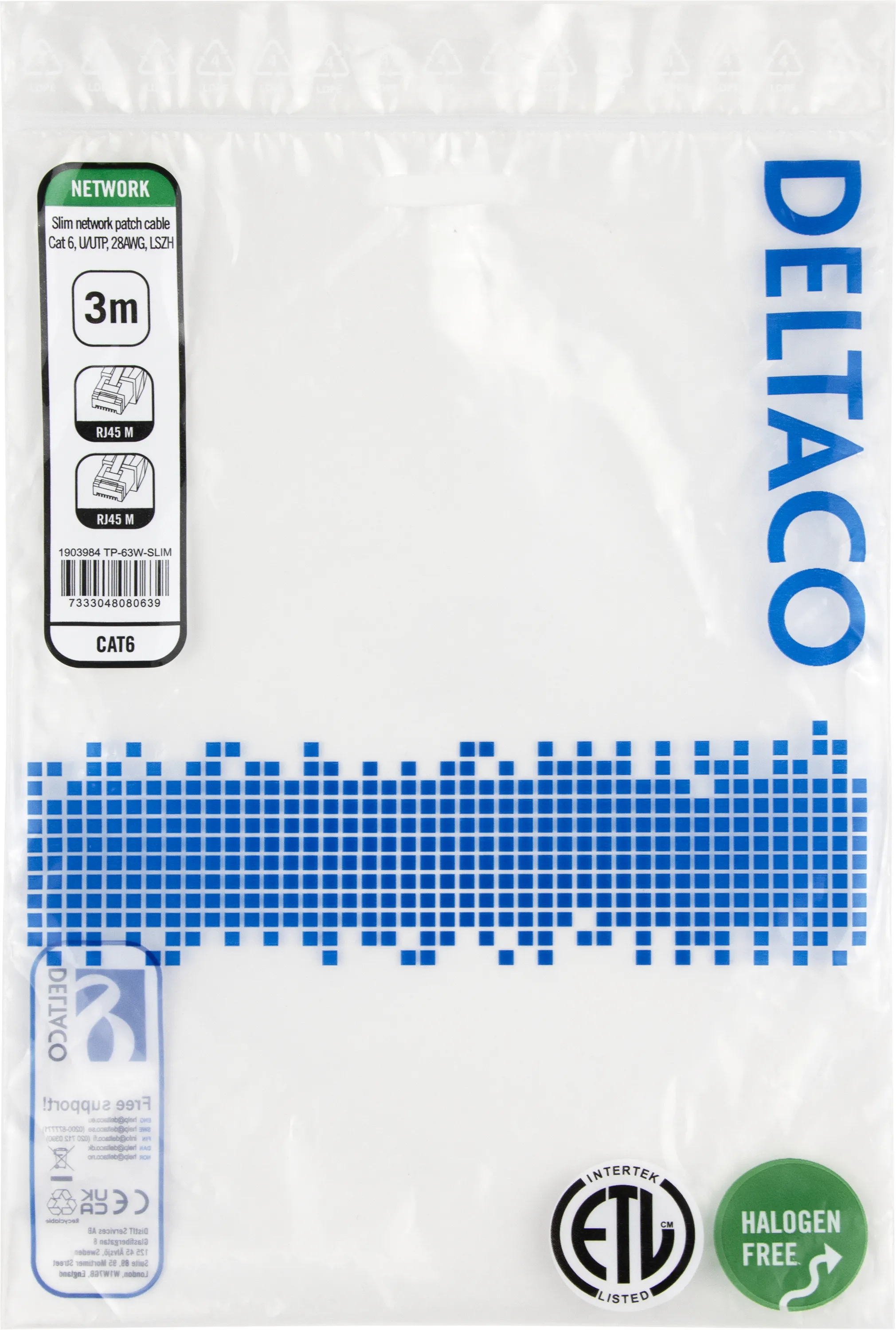 Deltaco Cat6 UTP RJ45 3m n&auml;tverkskabel, vit