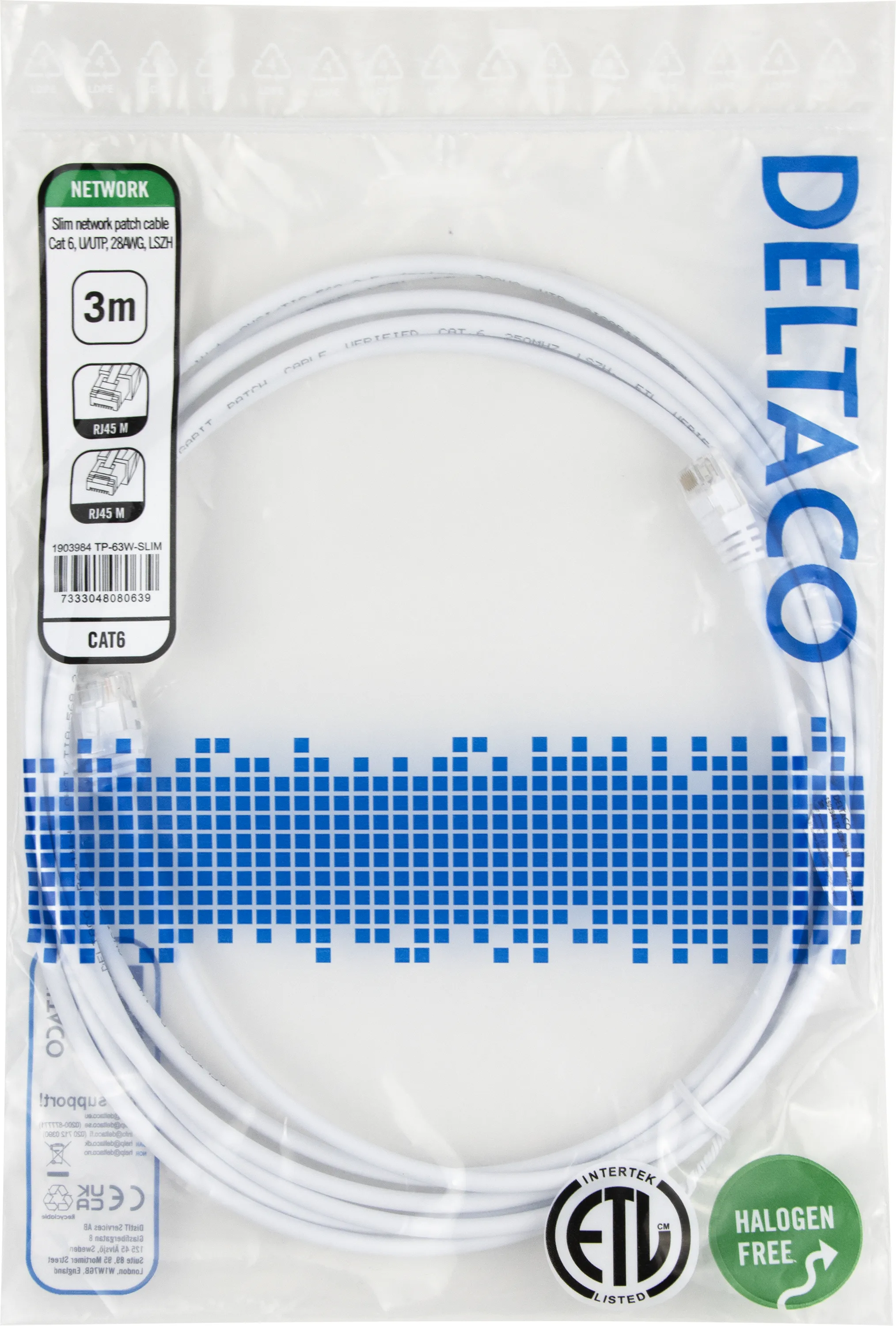 Deltaco Cat6 UTP RJ45 3m n&auml;tverkskabel, vit