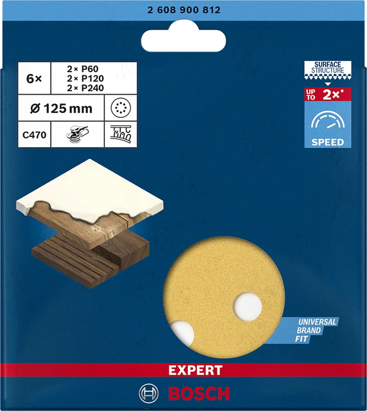 Bosch Expert C470 sanding sheet set, O 125mm, K60 / 120 / 240 (6 pieces, for eccentric sanders)