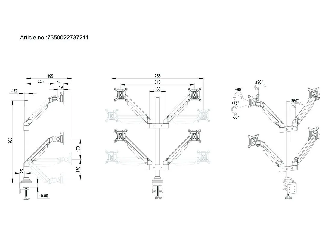 Multibrackets VESA Gas Lift Arm Quad Monitor Arm, for 4 monitors, 15-32", with gas spring, 40kg, White