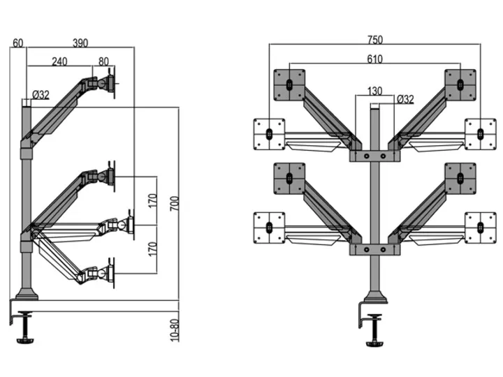 Multibrackets Gas Lift Arm Quad - skrivbordsf&auml;ste, silver, 15&quot;-32&quot;, 4x7.5Kg