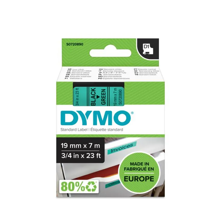 DYMO D1 m&auml;rktejp standard 19mm, svart p&aring; gr&ouml;nt, 7m rulle (45809)