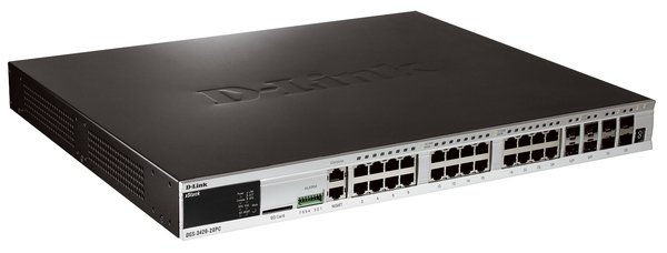D-Link DGS-3420-28PC xStack 20 10/100/1000Base-T PoE ports + 4 Combo 1000Base-T PoE/SFP ports + 4 10GE SFP+ ports Layer 2+ Stackable Managed PoE Gigabit Switch.