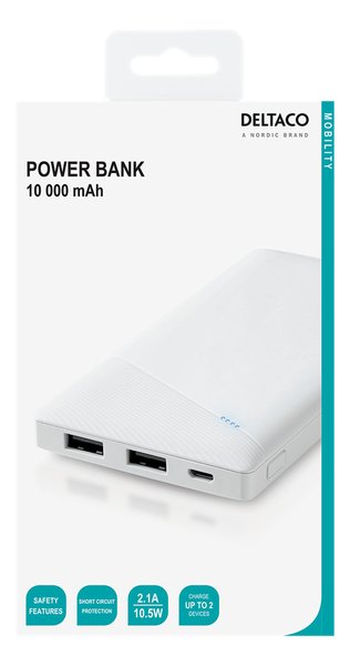 Deltaco PB-A1001 - powerbank, 10 000 mAh, White