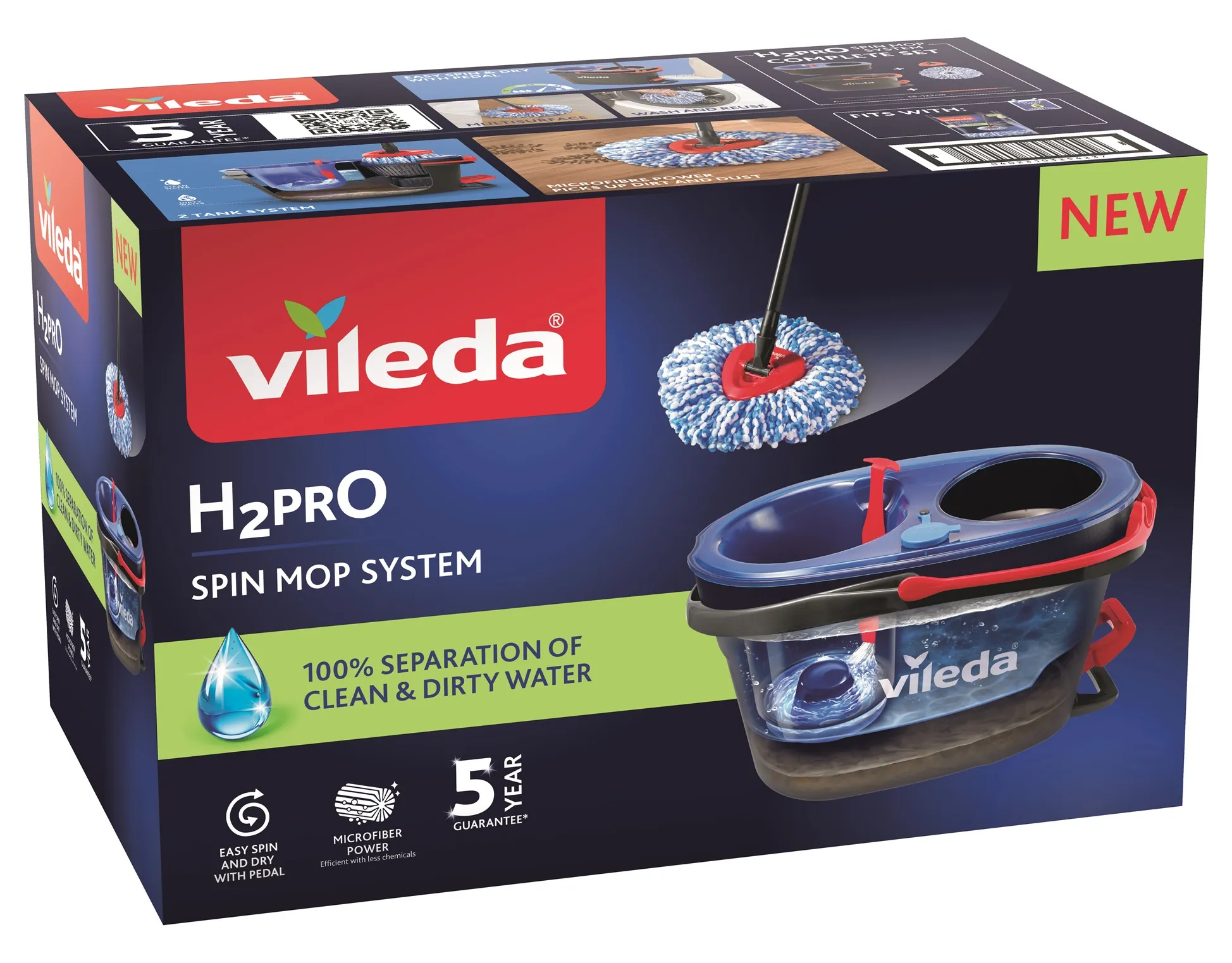 Vileda H2Pro Spin Mop moppsystem med hink med tv&aring; kammare, Mikrofiber, Svart, Bl&aring;, R&ouml;d