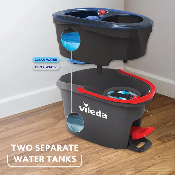 Vileda H2Pro Spin Mop moppsystem med hink med tv&aring; kammare, Mikrofiber, Svart, Bl&aring;, R&ouml;d