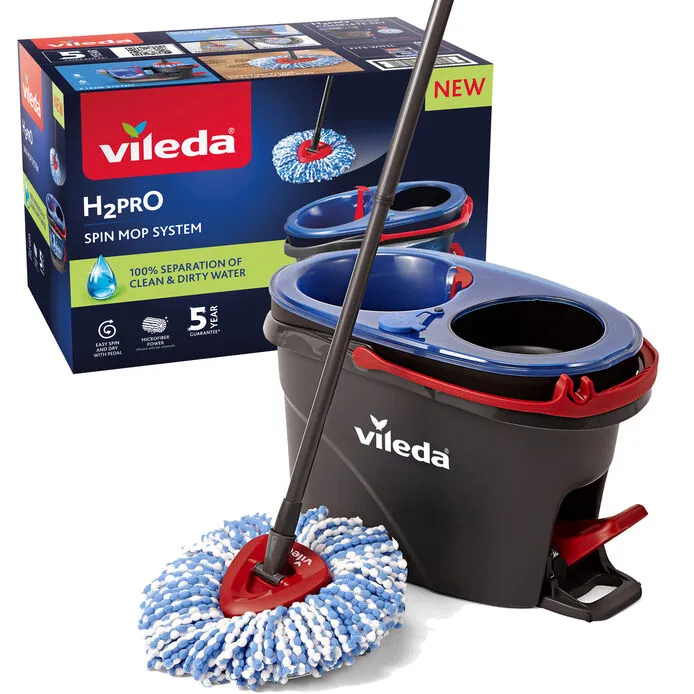 Vileda H2Pro Spin Mop moppsystem med hink med tv&aring; kammare, Mikrofiber, Svart, Bl&aring;, R&ouml;d