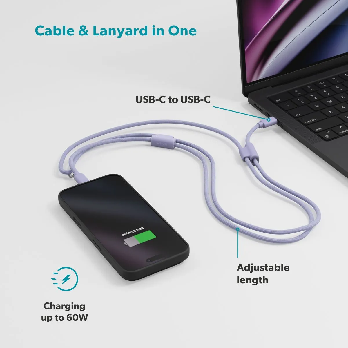 Epico Phone Lanyard USB-C cable, 60W, 1.45 m, Purple, 2 pcs