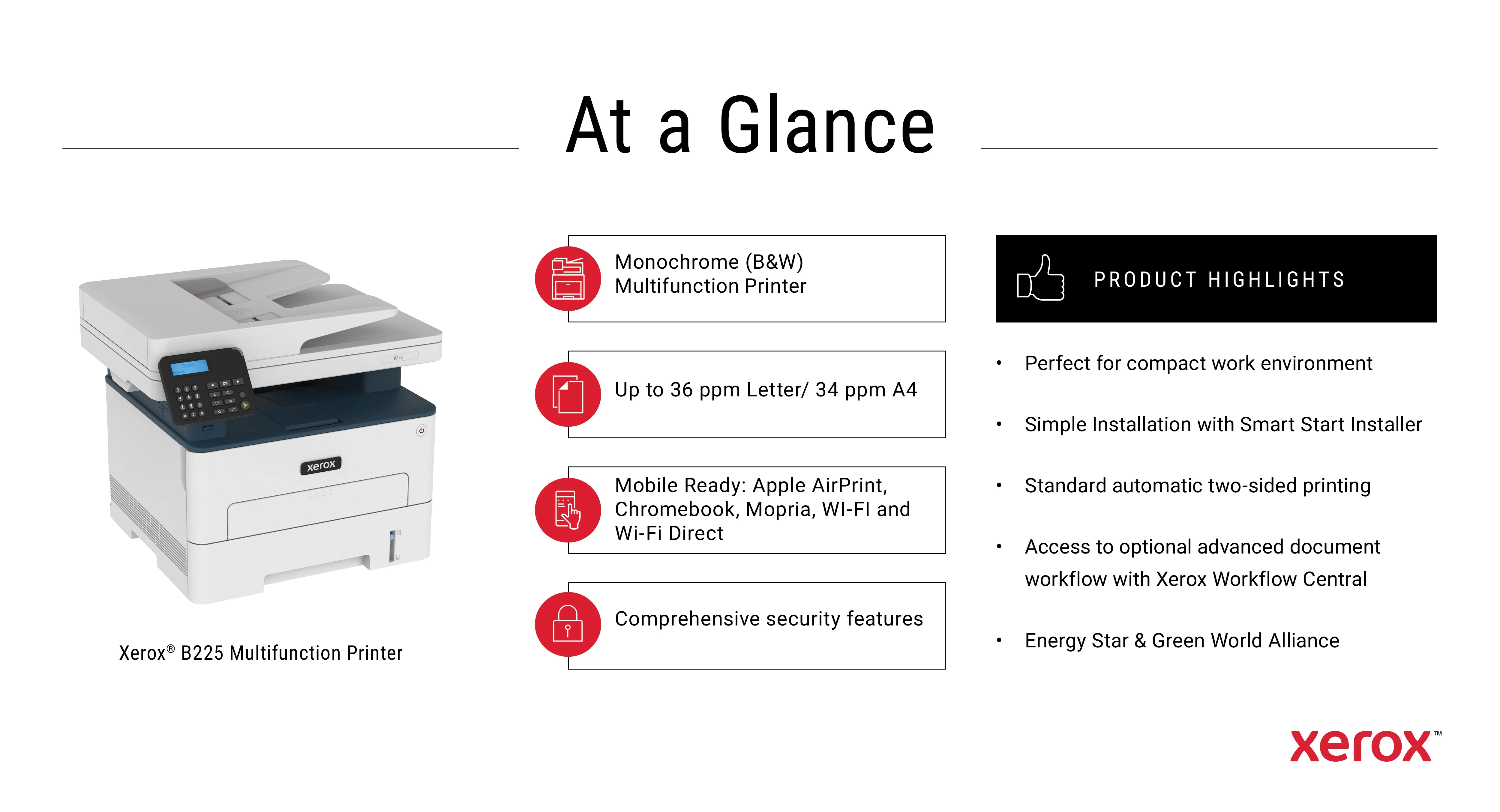 Xerox B225 A4 -mustavalkolasermonitoimilaite