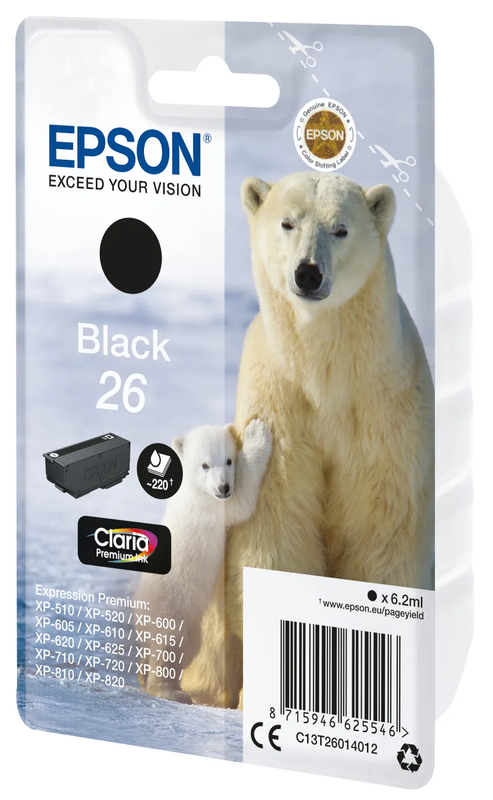 Epson Polar Bear Yksittäispakkaus, musta 26 Claria Premium -muste