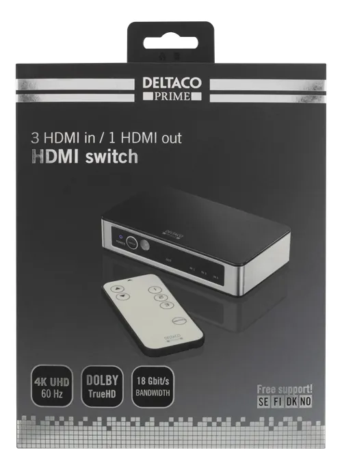 3-porttinen HDMI-kytkin, premium, kaukos&auml;&auml;din, Ultra HD 60Hz, musta