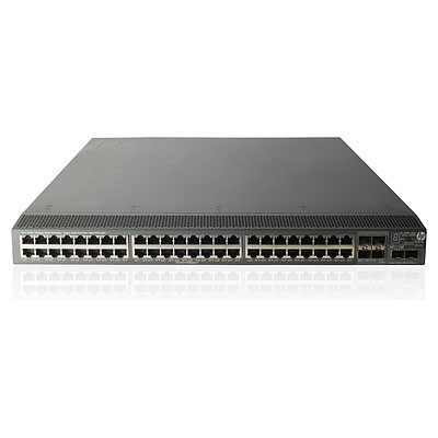 HPE Switch 5800AF-48G. 48 RJ-45 autosensing 10/100/1000 ports + 6 fixed 1000/10000 SFP+ ports. 2 empty power supply slots (order 2x JC680A 650W AC Power Supply)