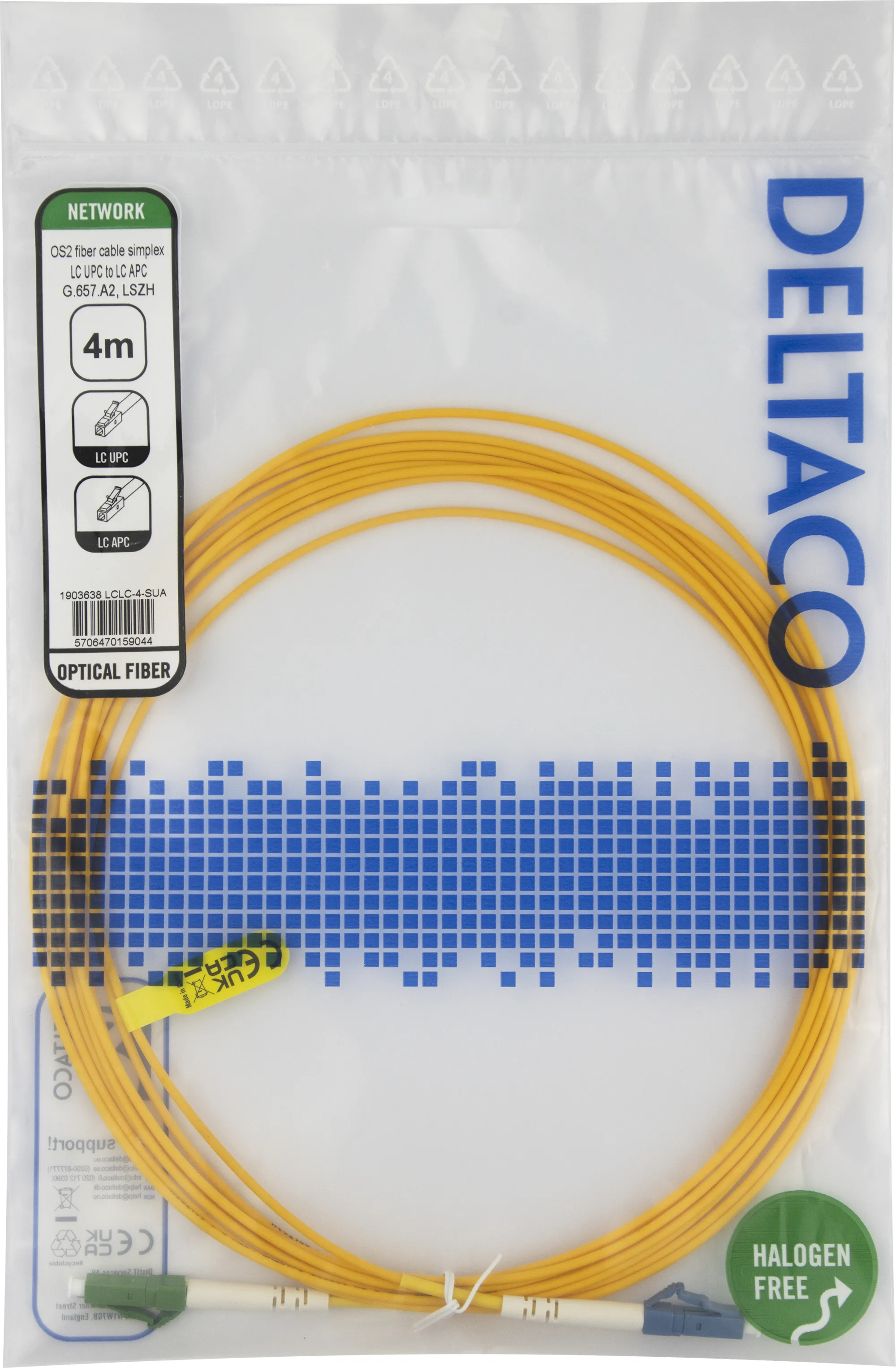 Deltaco OS2 LSZH LC-LC 4m Fiber Optic Cable, Yellow