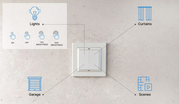 Shelly BLU Wall Switch 4 ZB on paristok&auml;ytt&ouml;inen Bluetooth- ja Zigbee-sein&auml;katkaisija, valkoinen
