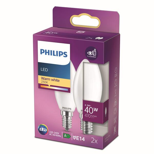 Philips matt LED-filamentkronljus E14 4,3 W (40 W) 470 lm 2700 K 2-pack