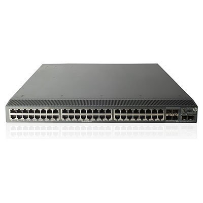 HPE Switch 5800AF-48G. 48 RJ-45 autosensing 10/100/1000 ports + 6 fixed 1000/10000 SFP+ ports. 2 empty power supply slots (order 2x JC680A 650W AC Power Supply)