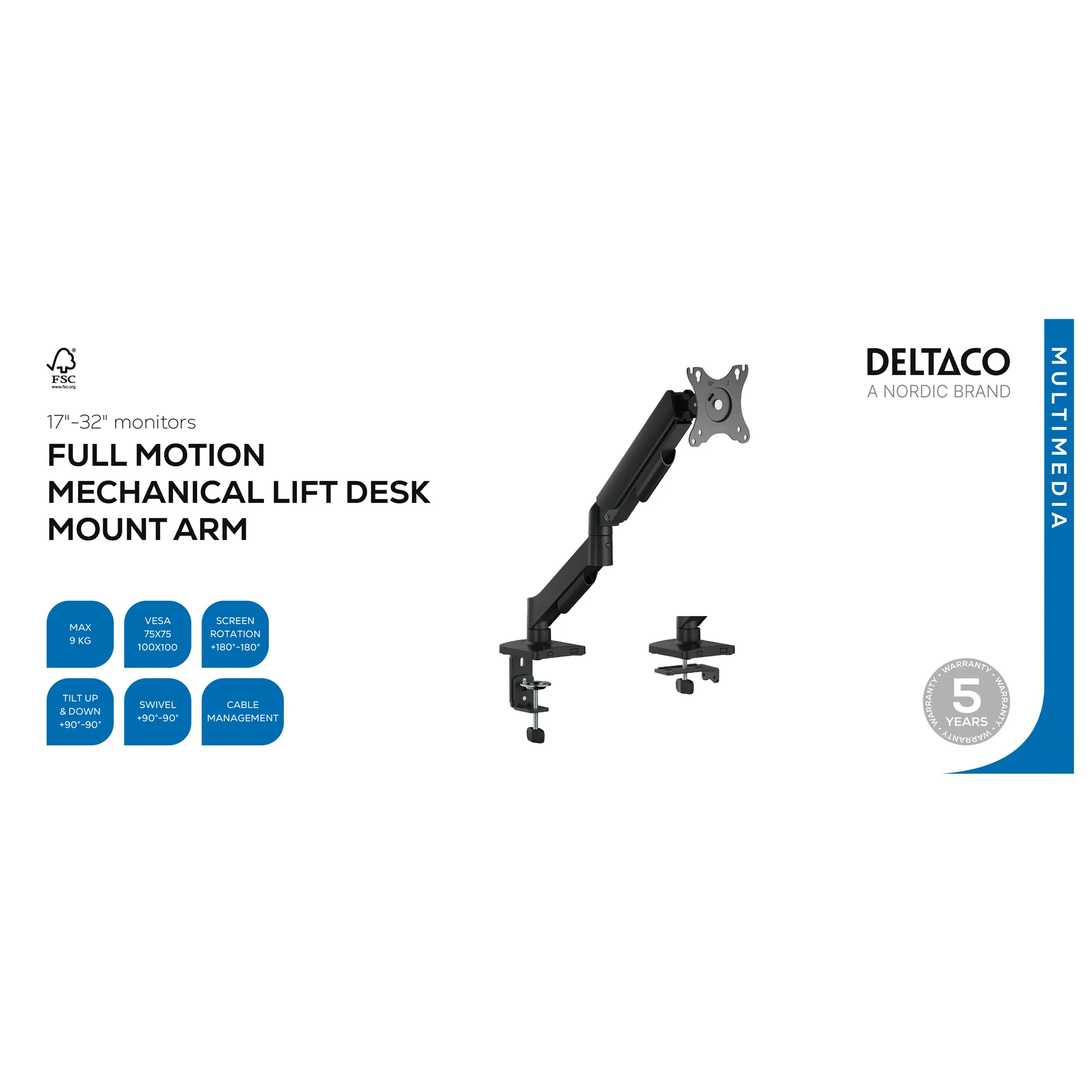 Deltaco mechanical - monitor arm, Black, 17-32&quot;, 9kg