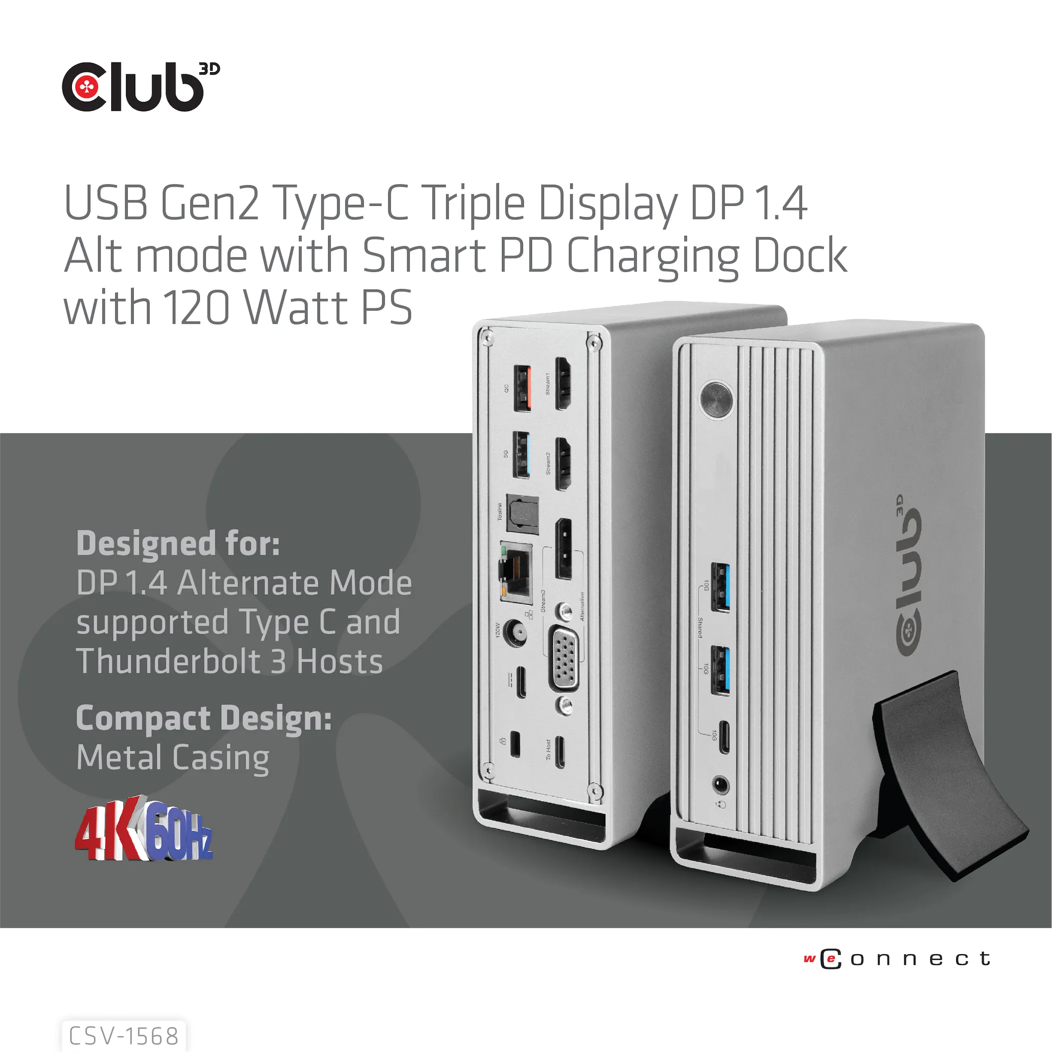 Club 3D 3.2 Gen2 USB-C 13-in-1 -telakka 120W virta -adapterilla, Harmaa