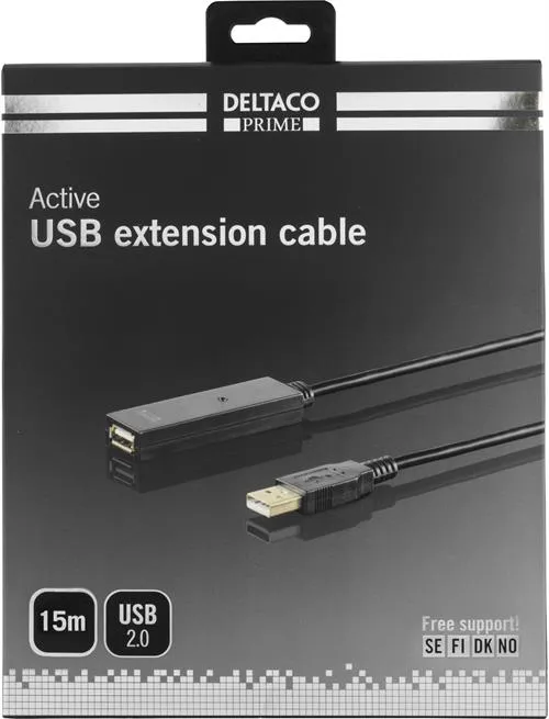 Deltaco Active USB-A 2.0 -jatkokaapeli, 15 m, Musta