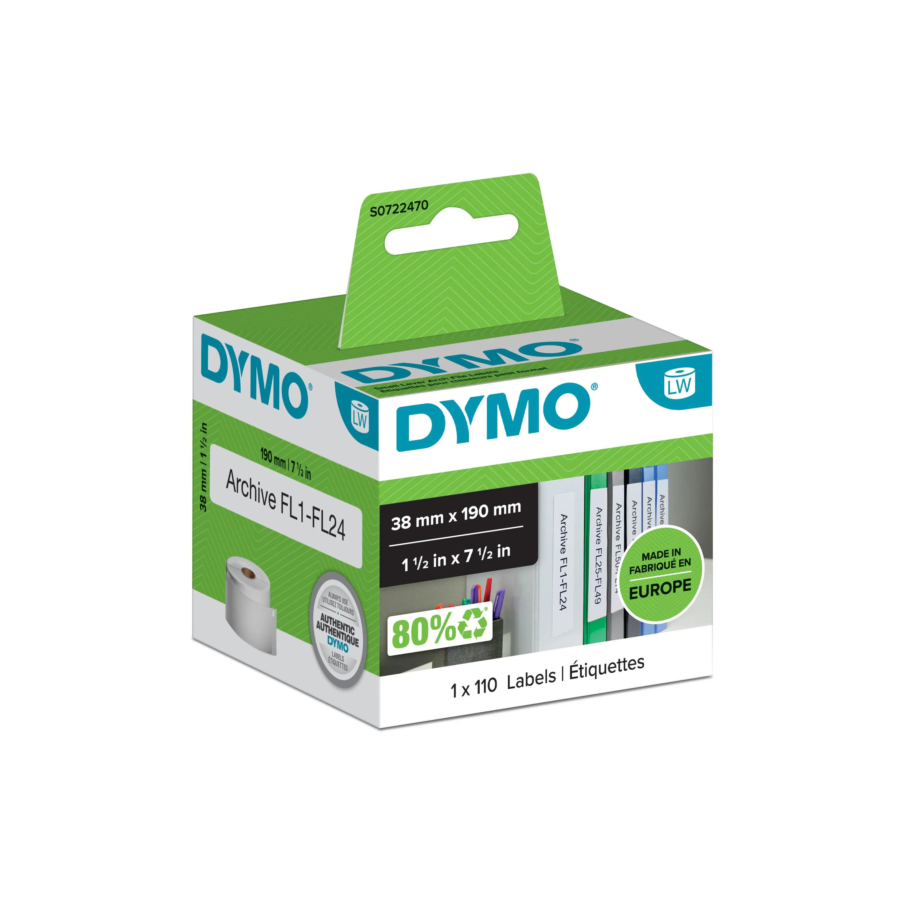 DYMO LabelWriter l&aring;nga etiketter, 38x190mm, 110st