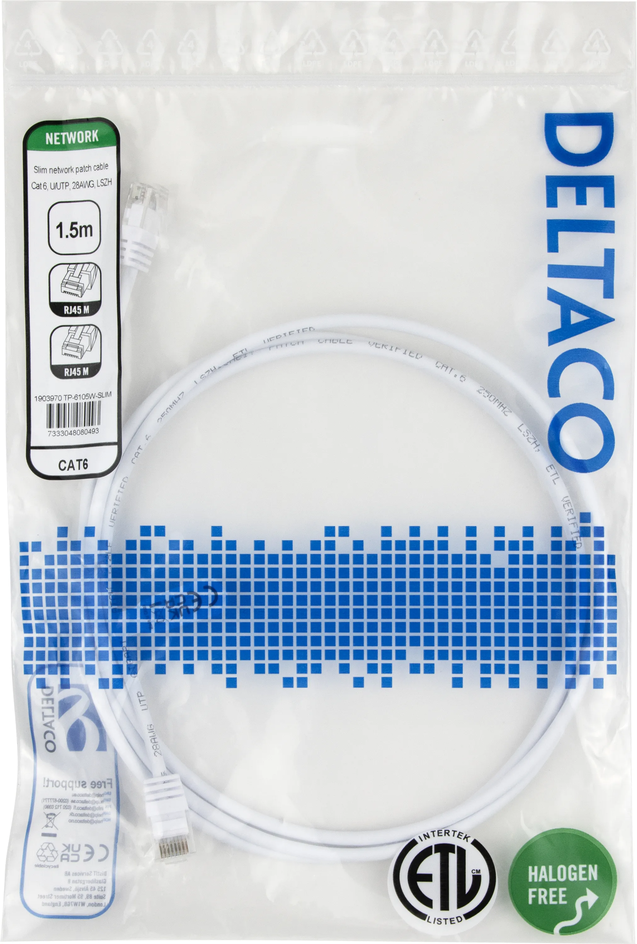 Deltaco Cat6 UTP RJ45 1.5m Network Cable, White