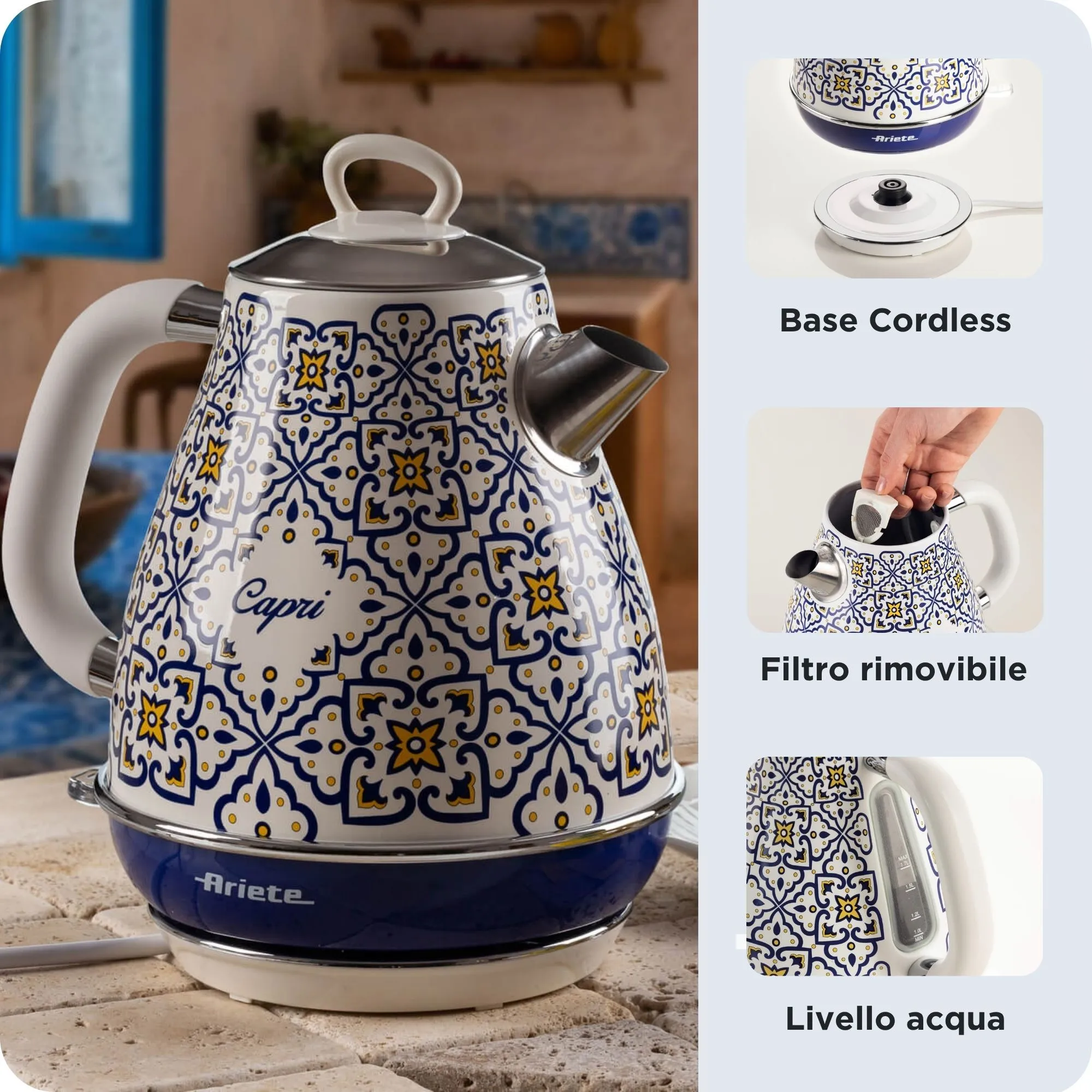 Ariete Capri -vedenkeitin, 1,7 l, 2200 W, valkoinen/vaaleansininen