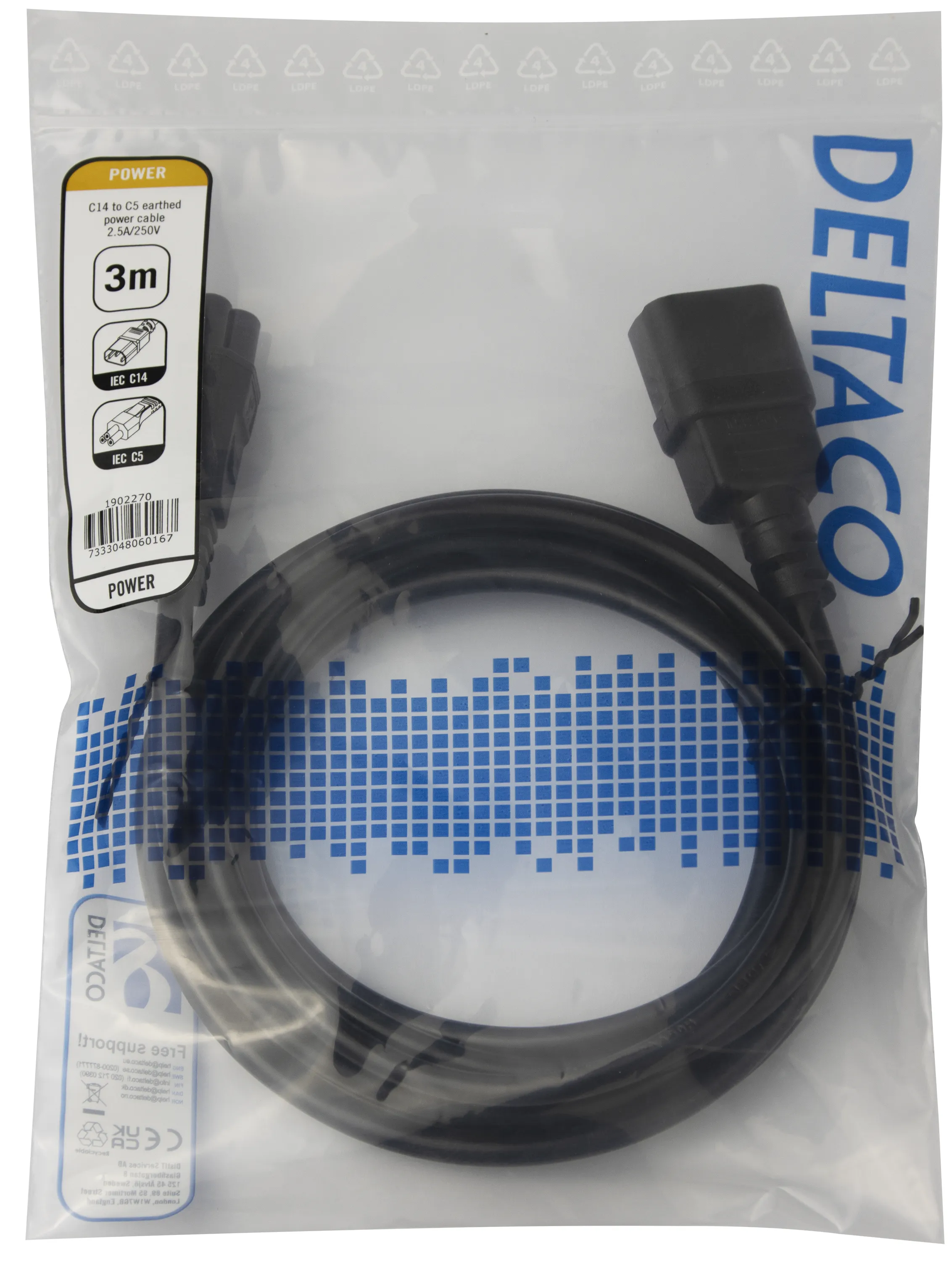 Deltaco IEC C14 - IEC C5 - power cord, Black, 3m