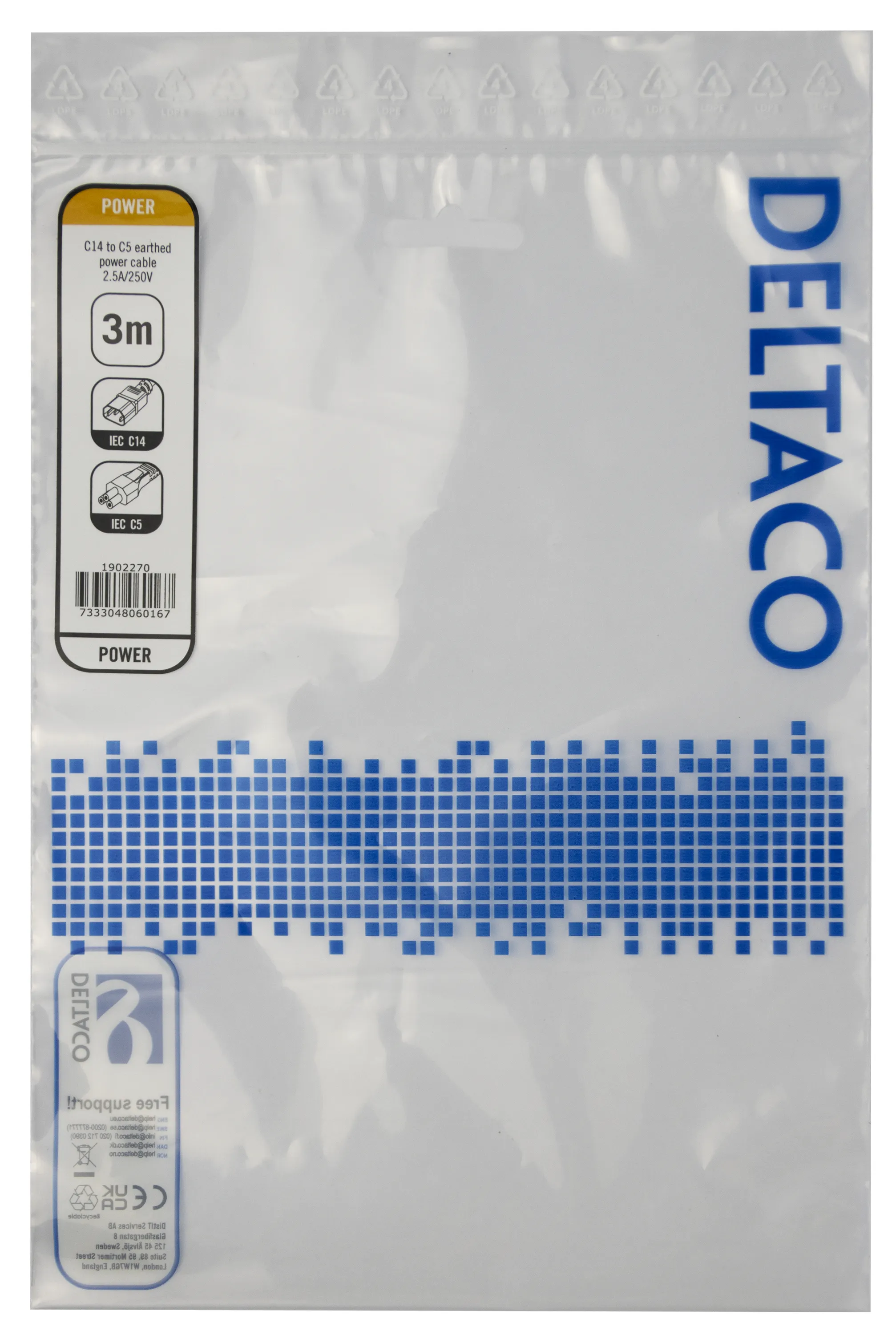 Deltaco IEC C14 - IEC C5 - power cord, Black, 3m
