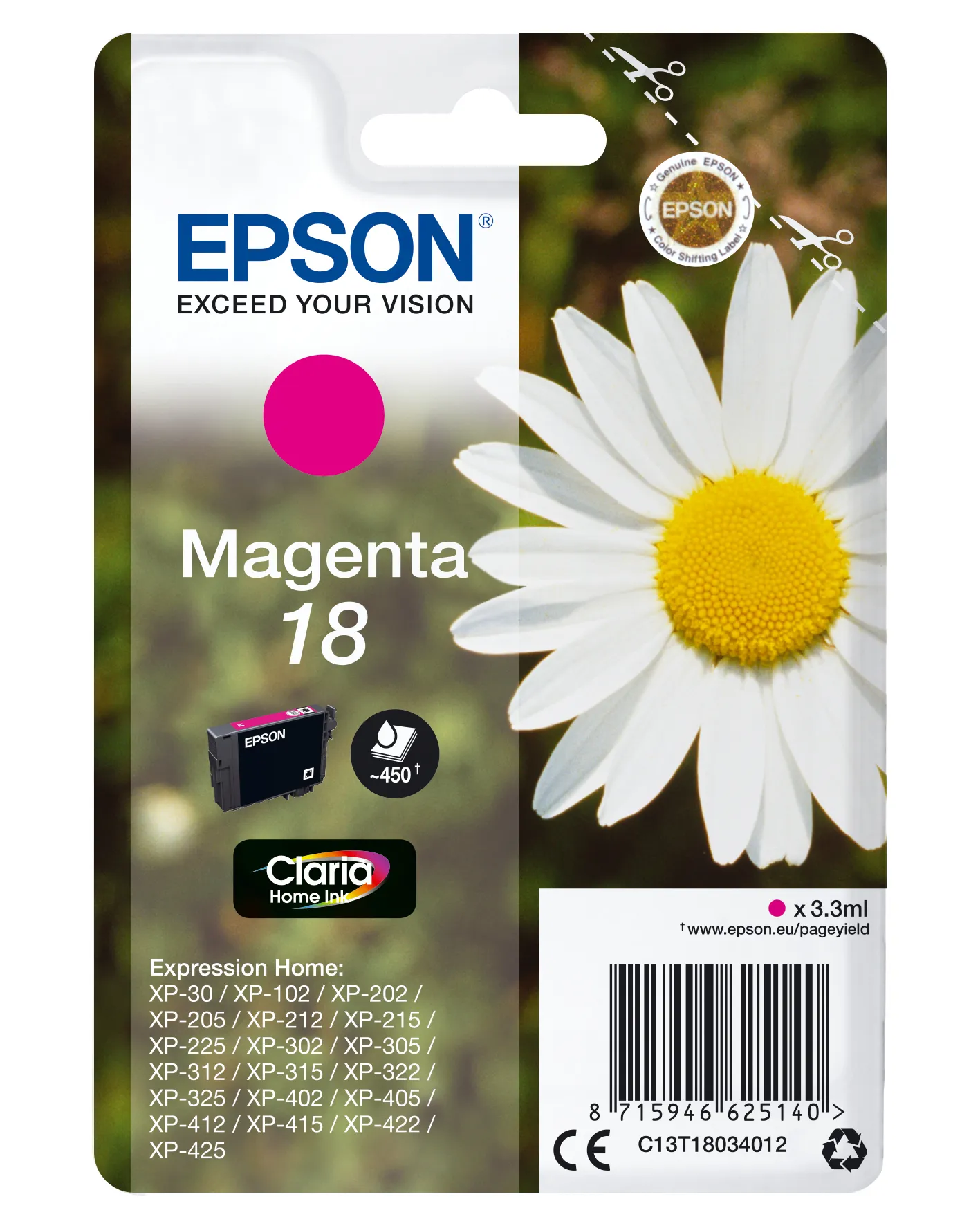 Epson 18 - 3.3 ml - magenta - alkuper&auml;inen - blister RF:ll&auml;/&auml;&auml;nih&auml;lyttimell&auml; - mustepatruuna malleihin Expression Home XP-212, 215, 225, 312, 315, 322, 325, 412