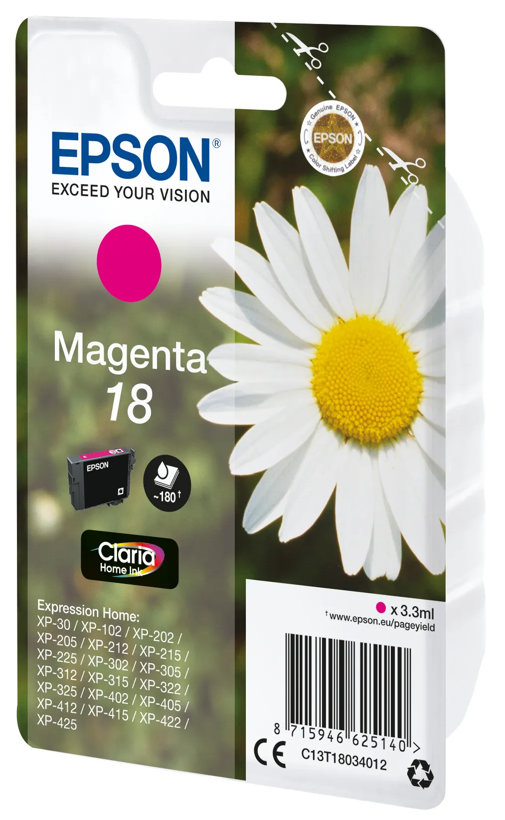 Epson 18 - 3.3 ml - magenta - alkuper&auml;inen - blister RF:ll&auml;/&auml;&auml;nih&auml;lyttimell&auml; - mustepatruuna malleihin Expression Home XP-212, 215, 225, 312, 315, 322, 325, 412