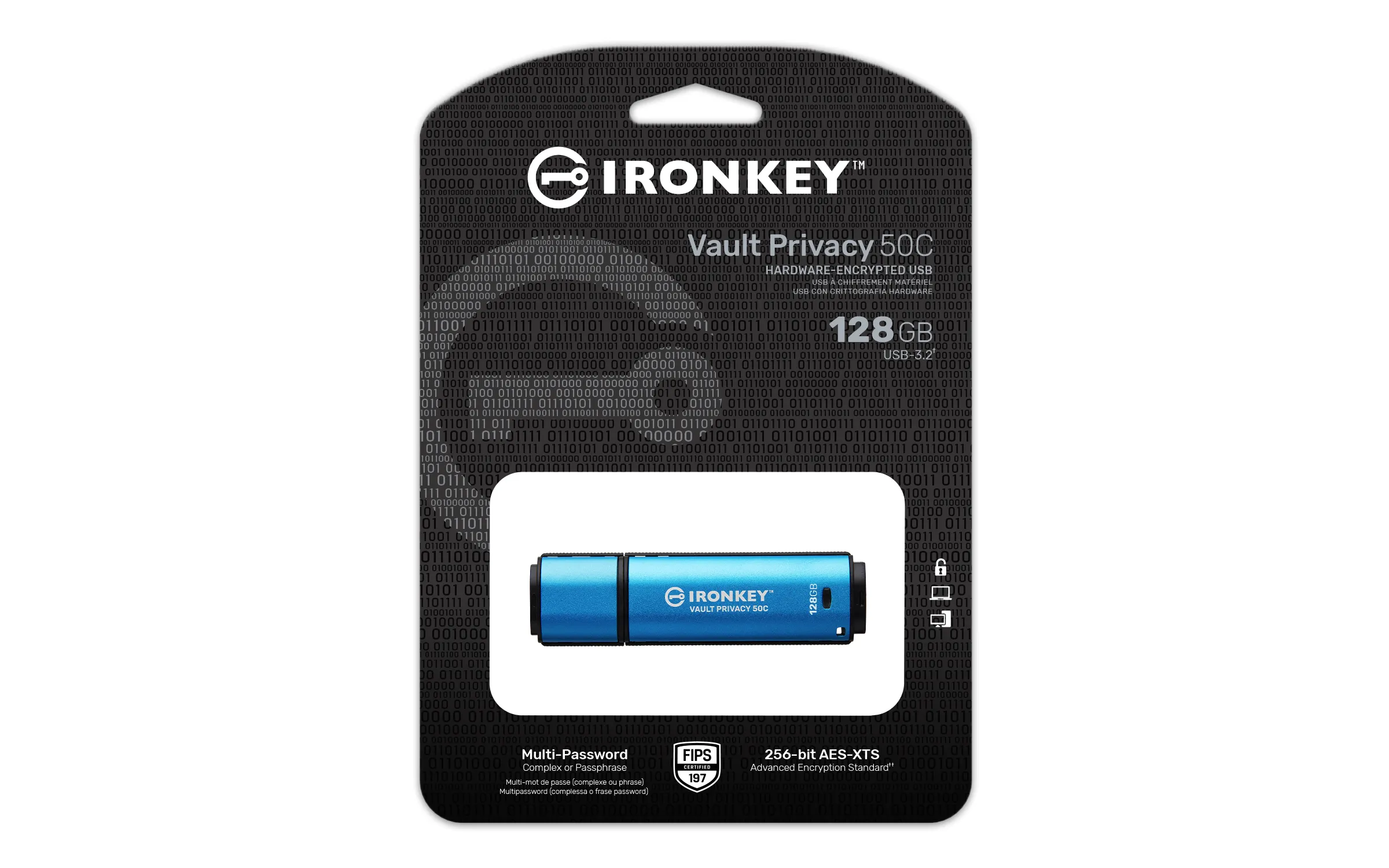 Kingston IronKey Vault Privacy 50C 128GB USB-C 3.2 Gen 1x1 - memory stick, Black, Blue