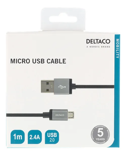 Deltaco Braided USB-A - Micro-USB B - cable, 1m, black