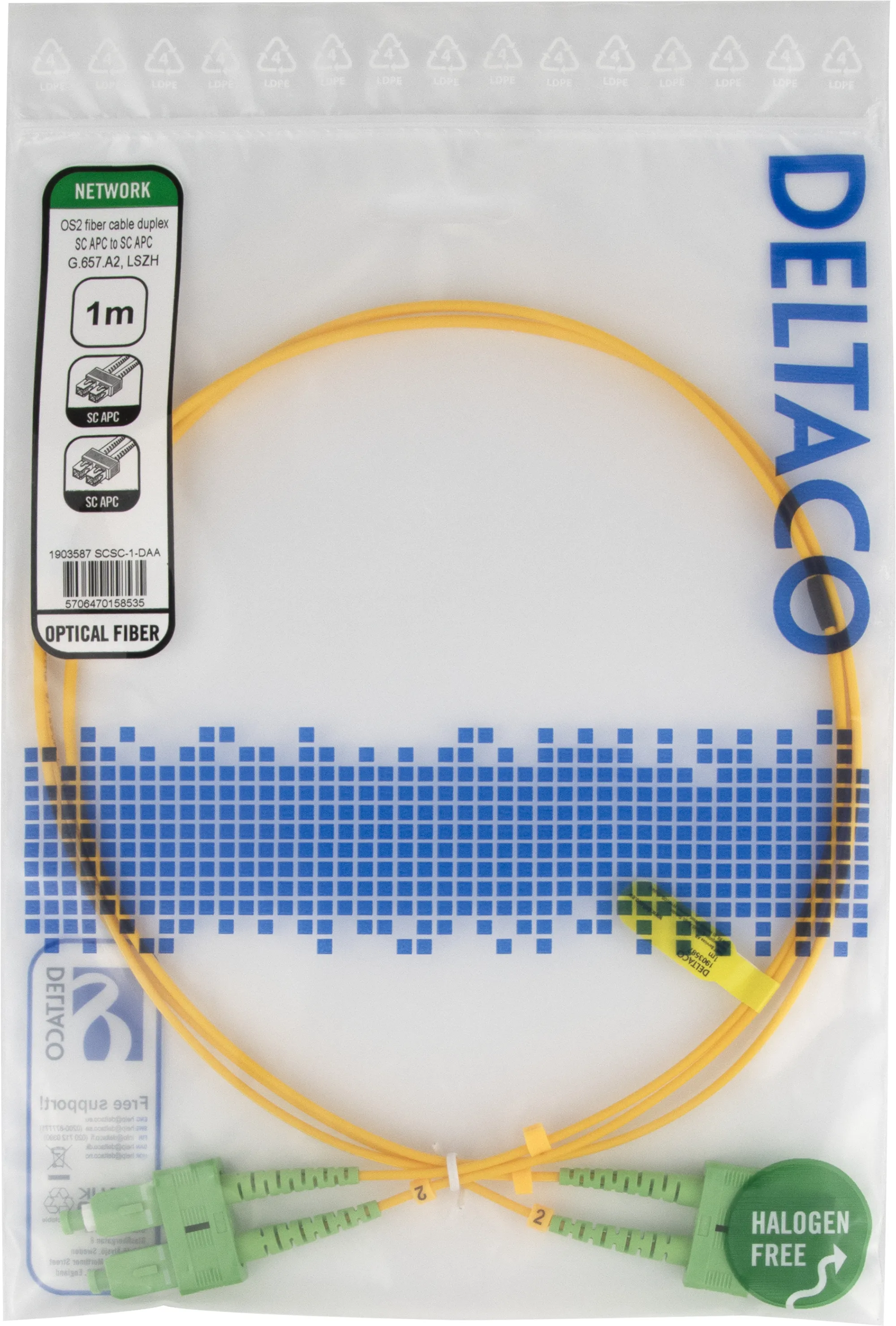 Deltaco OS2 LSZH SC-SC 1m Fiber Optic Cable, Yellow