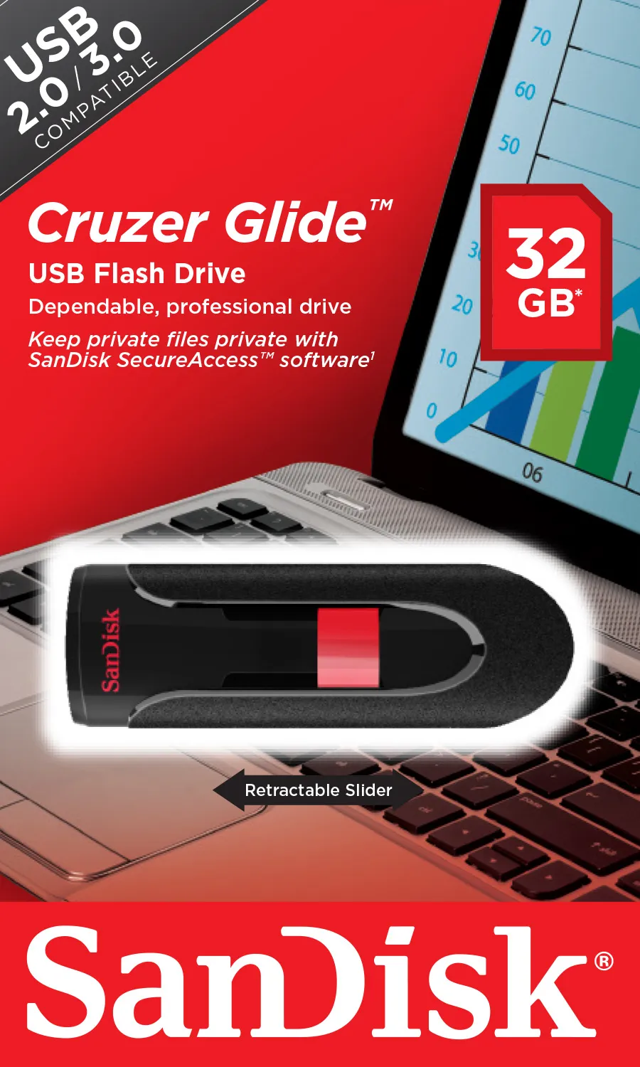 SanDisk Cruzer Glide USB 2.0 32GB memory stick, Black/Red