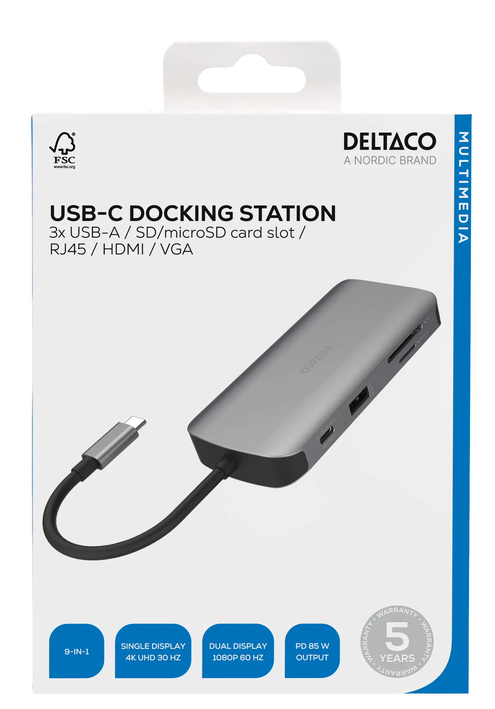 Deltaco 3x USB-A, SD/microSD, RJ45, HDMI, VGA - USB-C dock