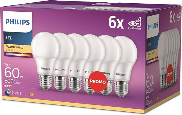 Philips LED A60 8W E27 Warm White 2700K 806 lm Matte 6-pack